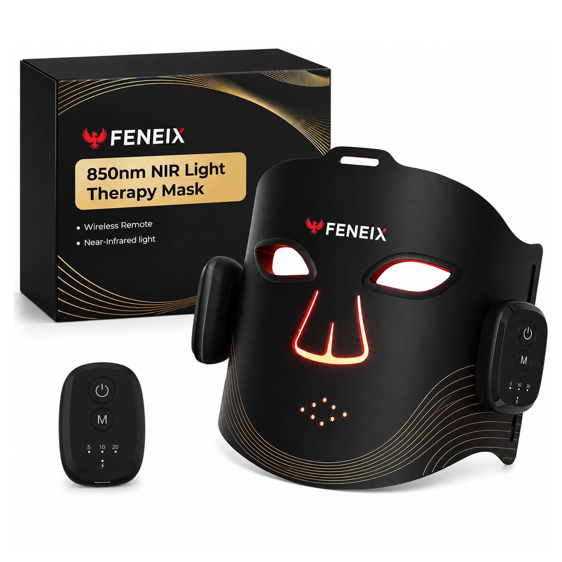 FENEIX Cordless LED Red Light Therapy Face Mask - Black