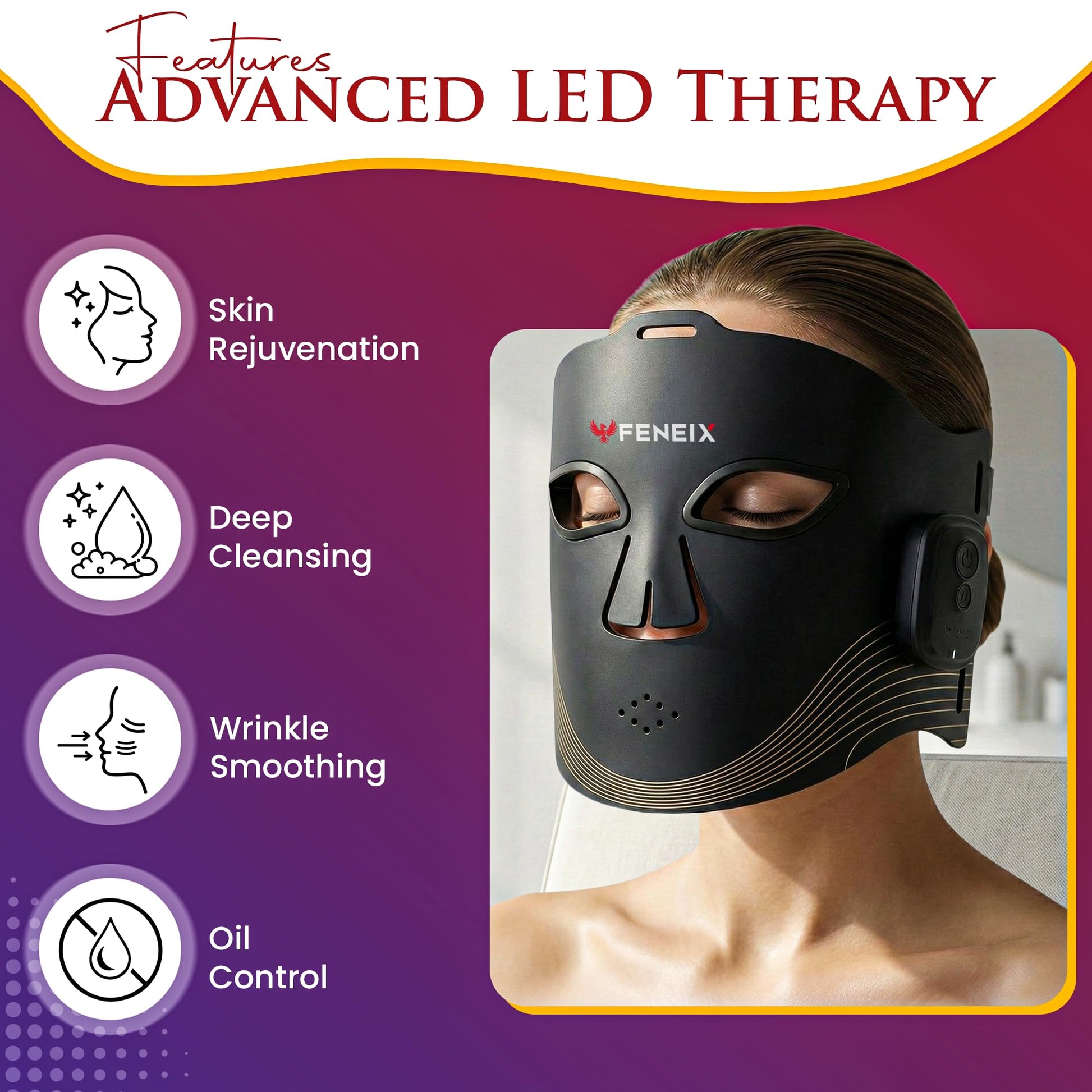 FENEIX Cordless LED Red Light Therapy Face Mask - Black - product image 3